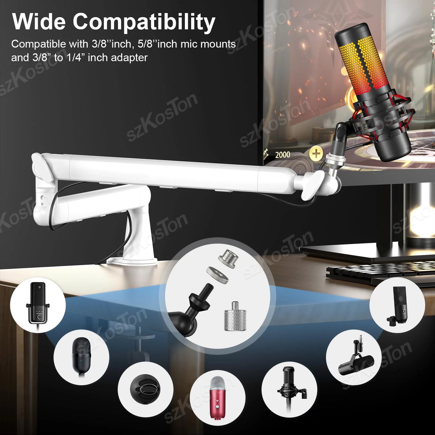 White Adjustable Microphone Boom Arm