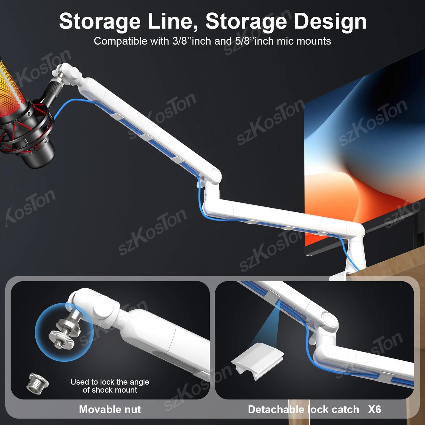 White Adjustable Microphone Boom Arm
